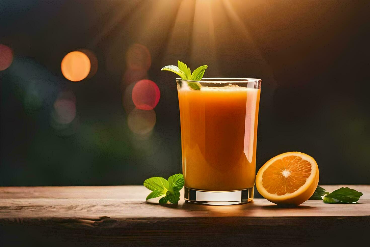 orange juice with mint and orange slices on a wooden table. AI-Generated photo