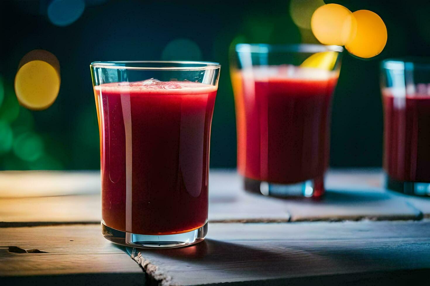 three glasses of red juice on a wooden table. AI-Generated photo