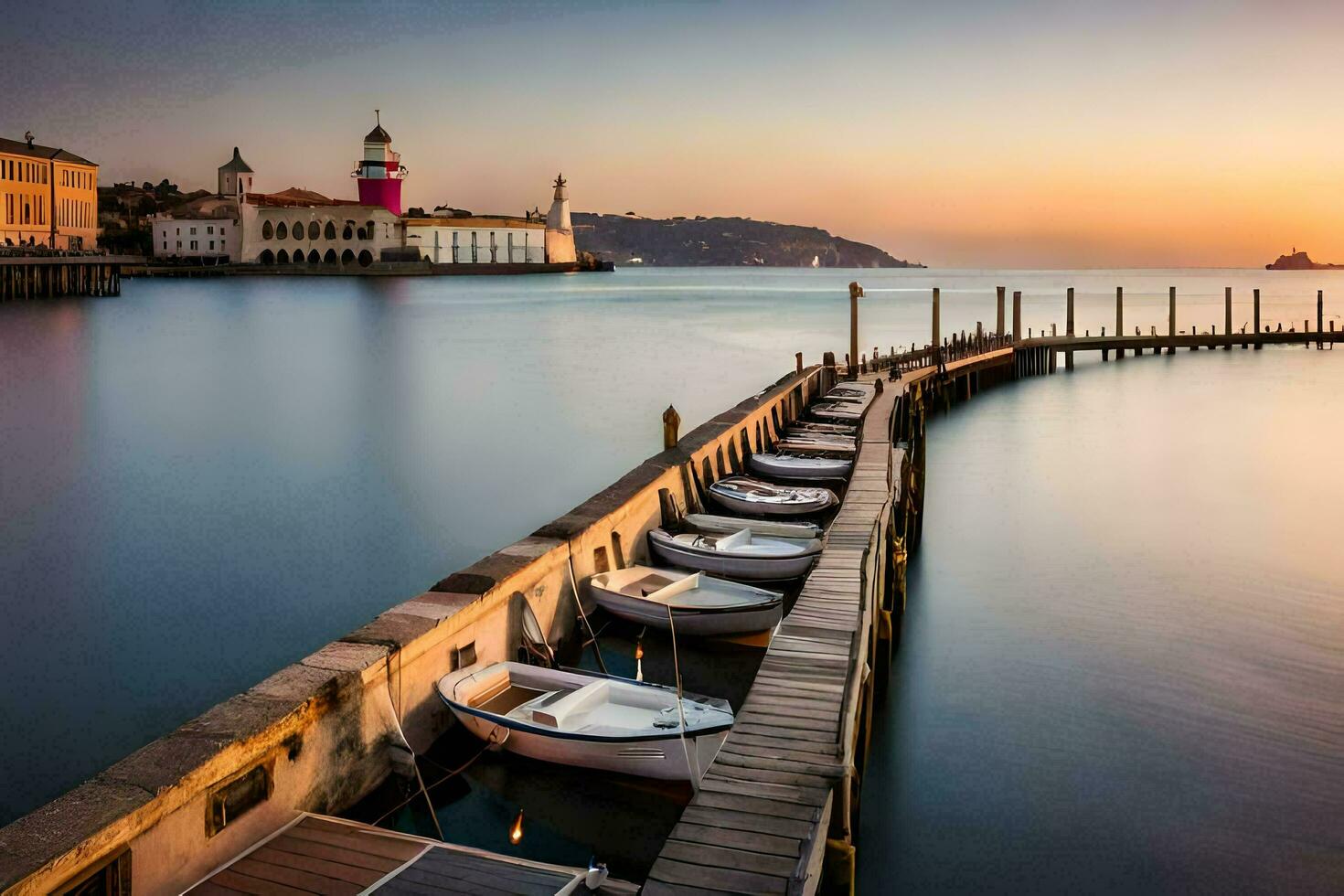 barcos son atracado a el final de un muelle a puesta de sol. generado por ai foto