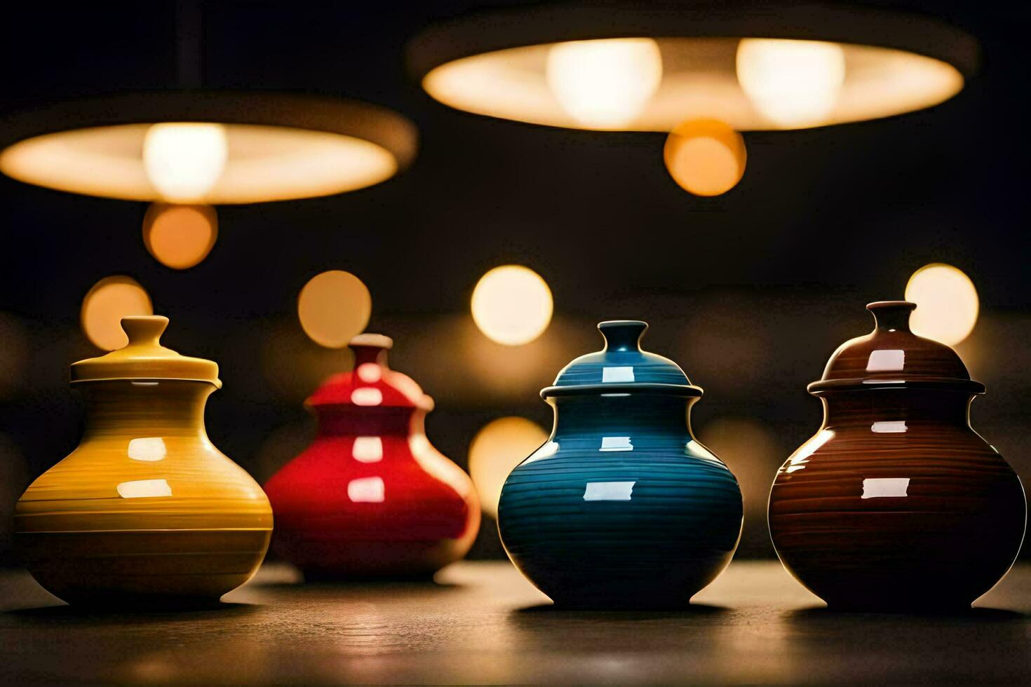 colorful ceramic jars on a table. AI-Generated photo