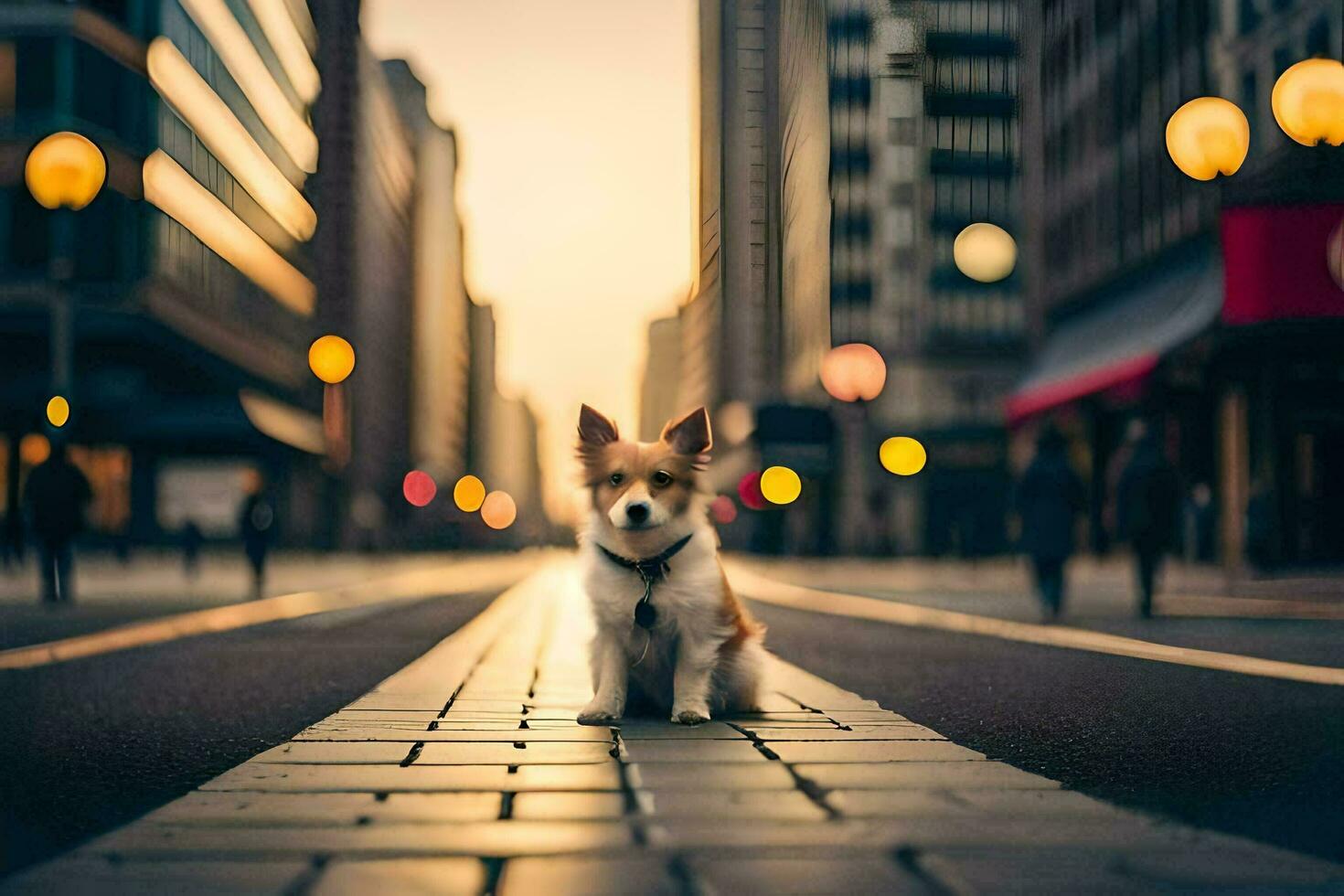 a small dog is sitting on the street in a city. AI-Generated photo