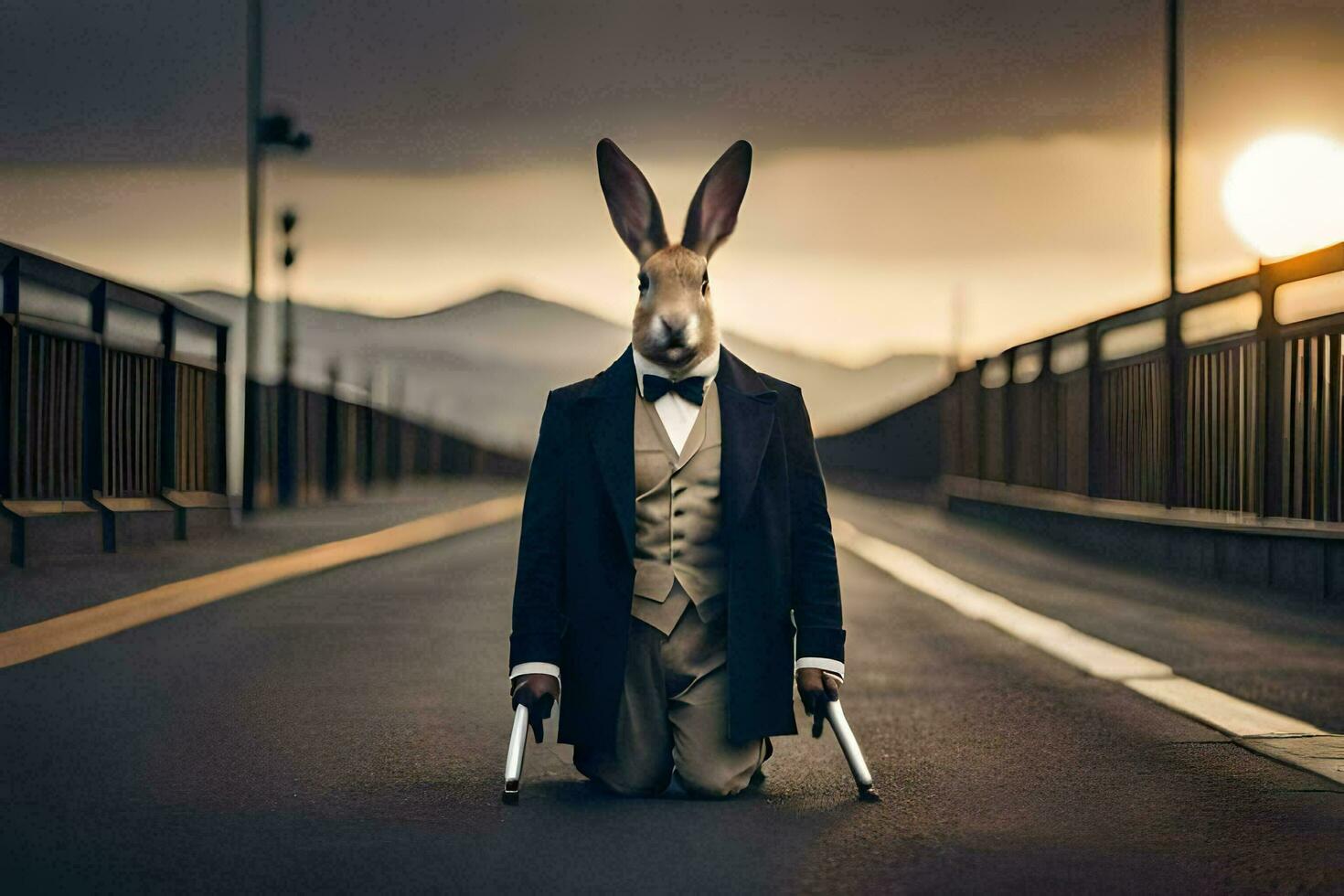 a rabbit dressed in a suit and tie sits on the road. AI-Generated photo