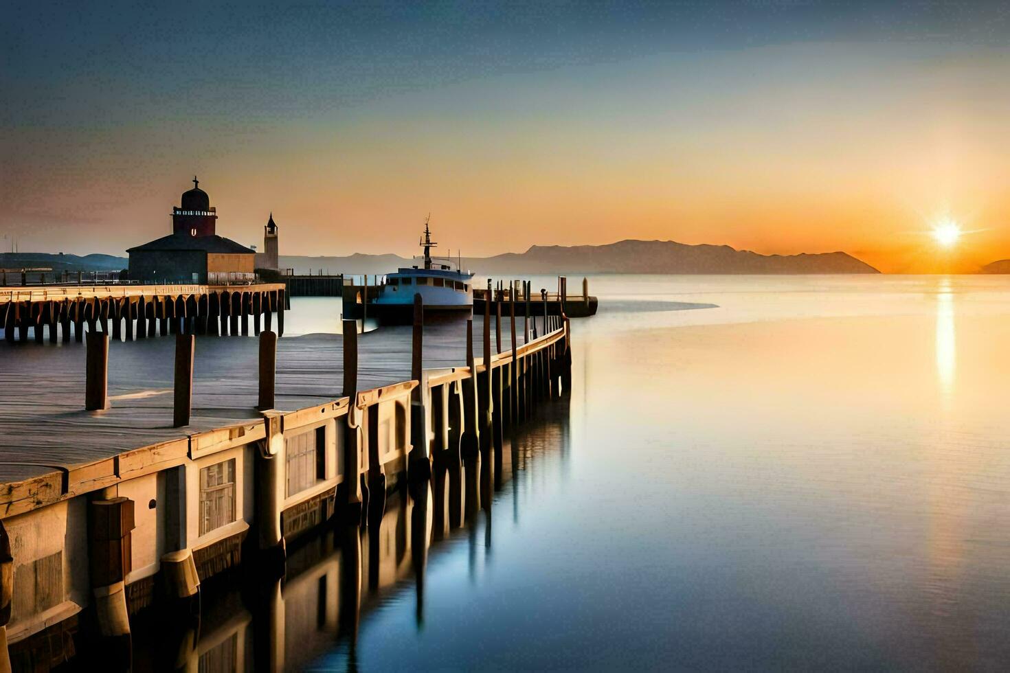 a pier with a lighthouse at sunset. AI-Generated photo