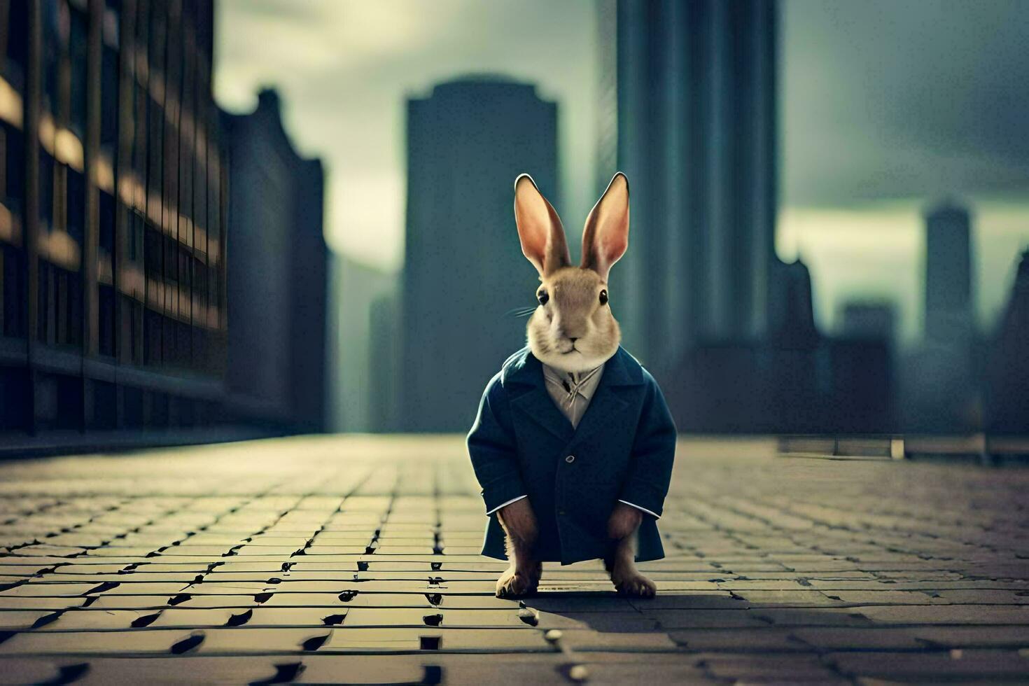 a rabbit in a suit stands on a brick road. AI-Generated photo