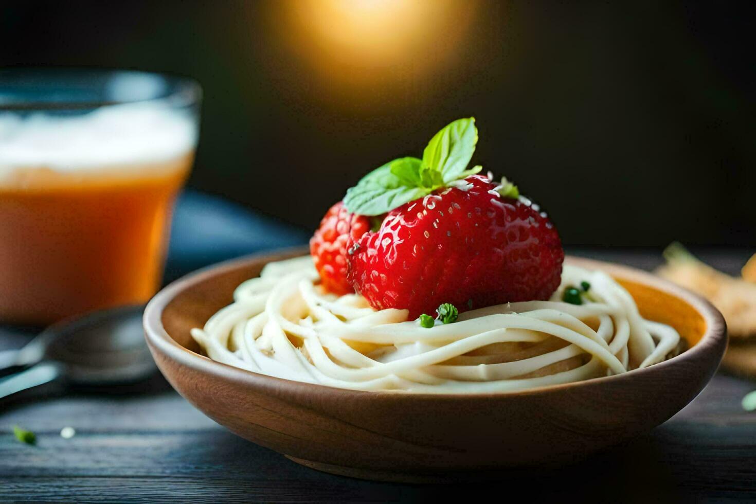 a bowl of pasta with a strawberry and a glass of beer. AI-Generated photo