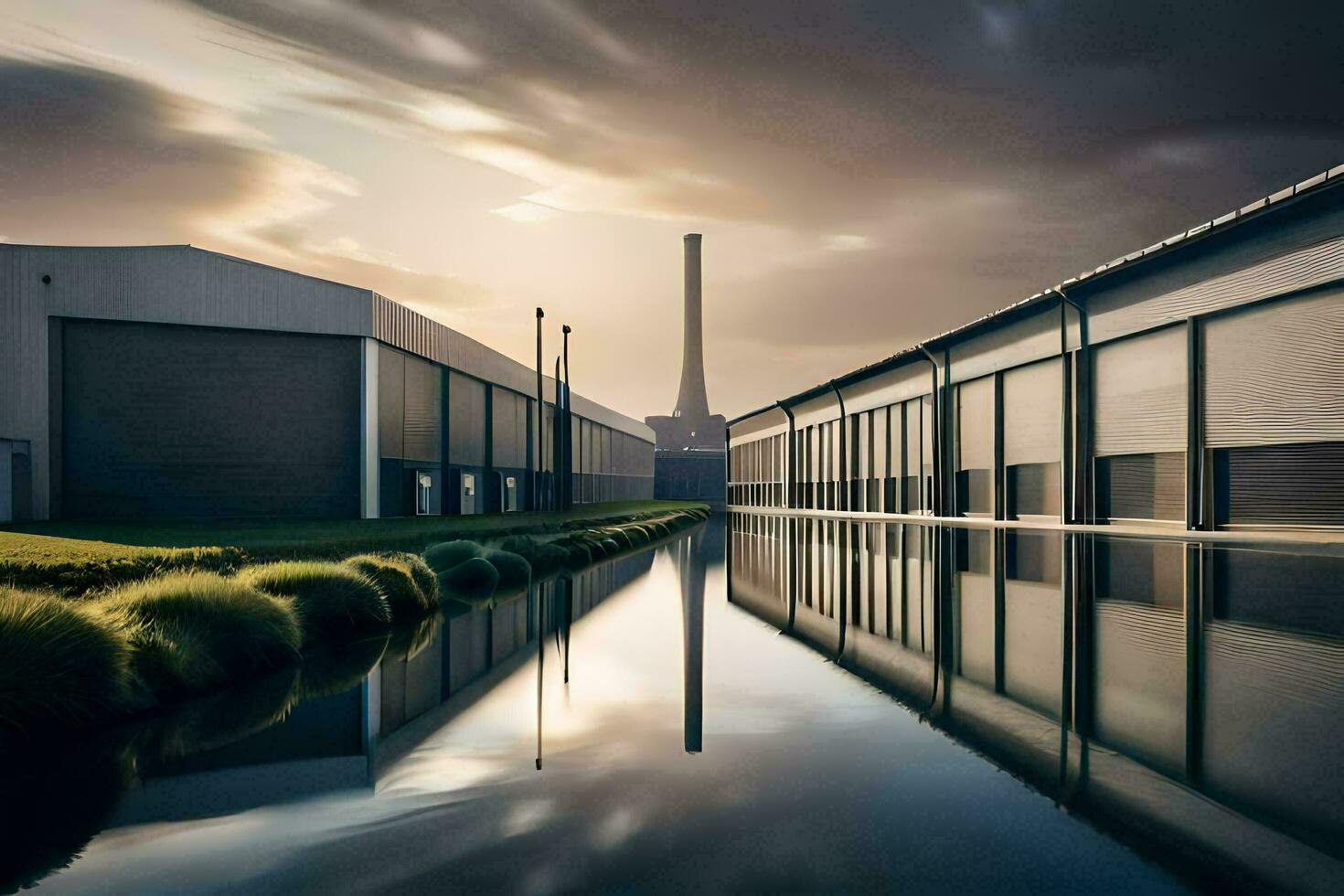 a factory building with a canal in front of it. AI-Generated photo