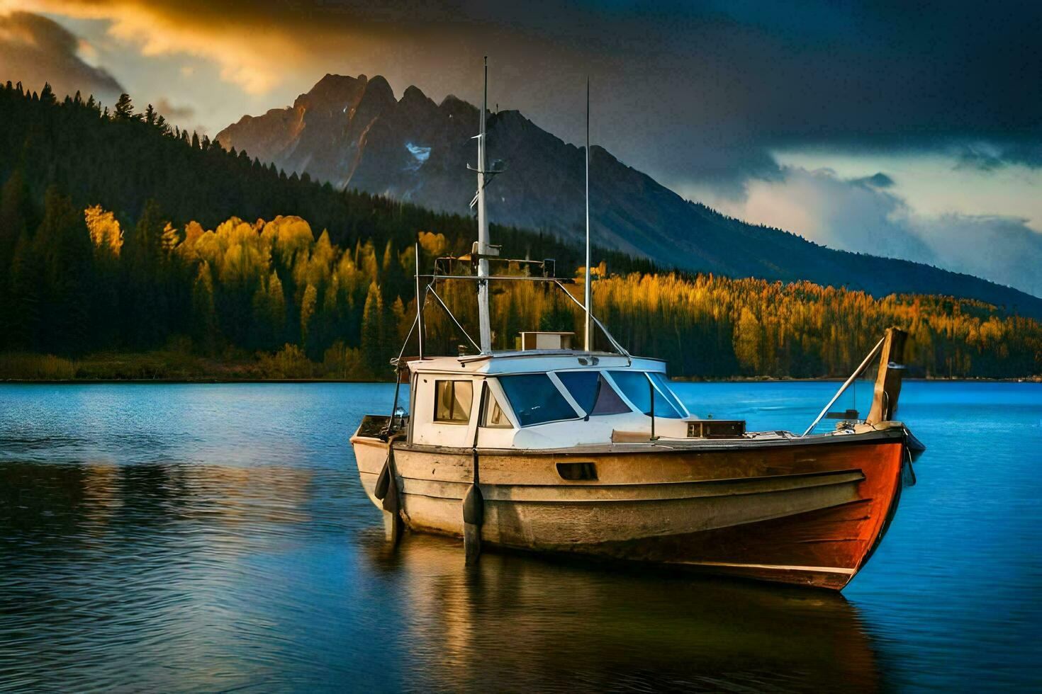 un barco se sienta en el agua en frente de montañas. generado por ai foto
