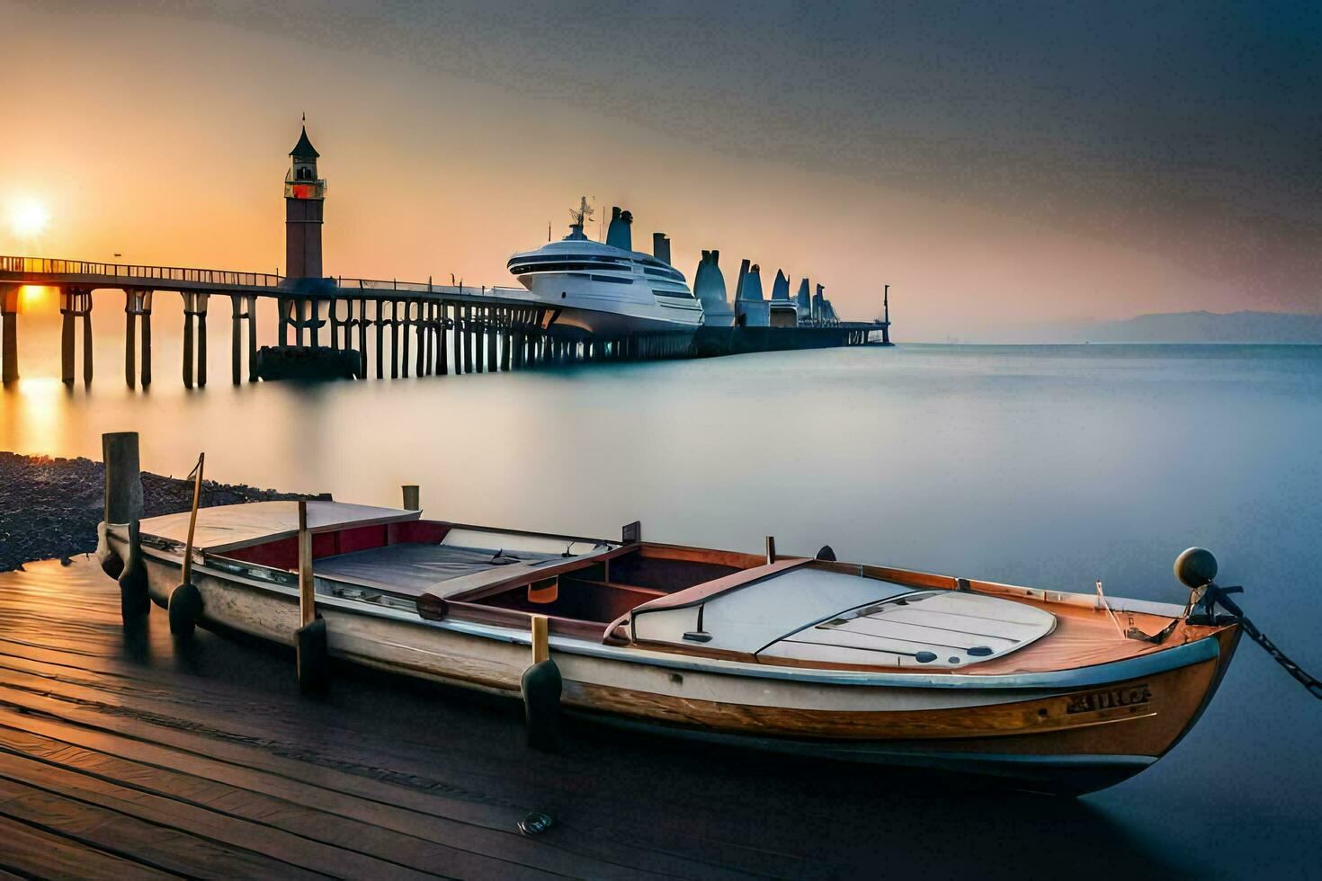 a boat docked at the pier with a cruise ship in the background. AI-Generated photo