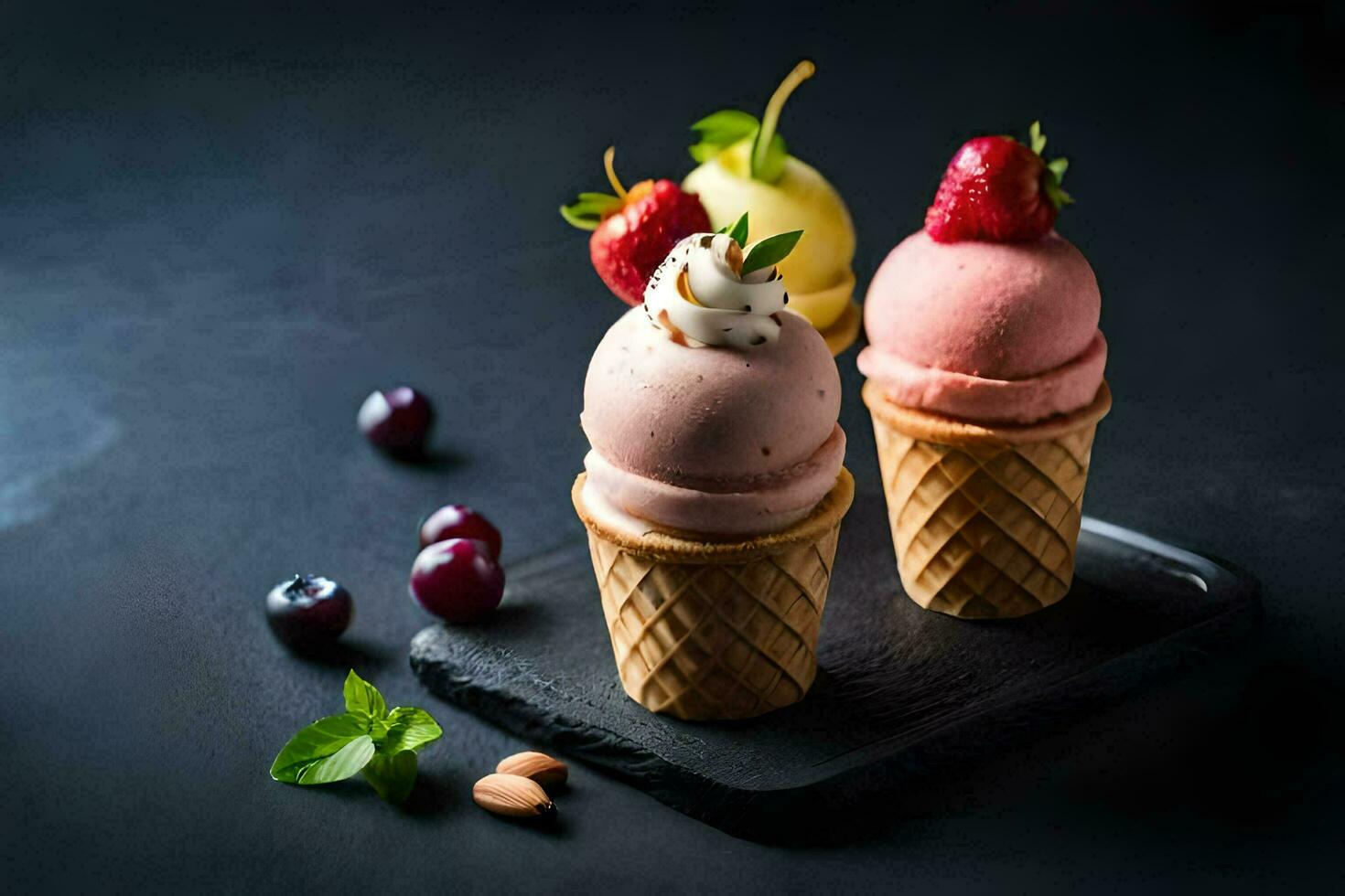 hielo crema con fresas y cerezas en un negro antecedentes. generado por ai foto