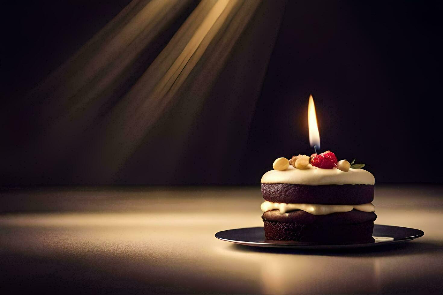 a single candle is lit on a chocolate cake. AI-Generated photo