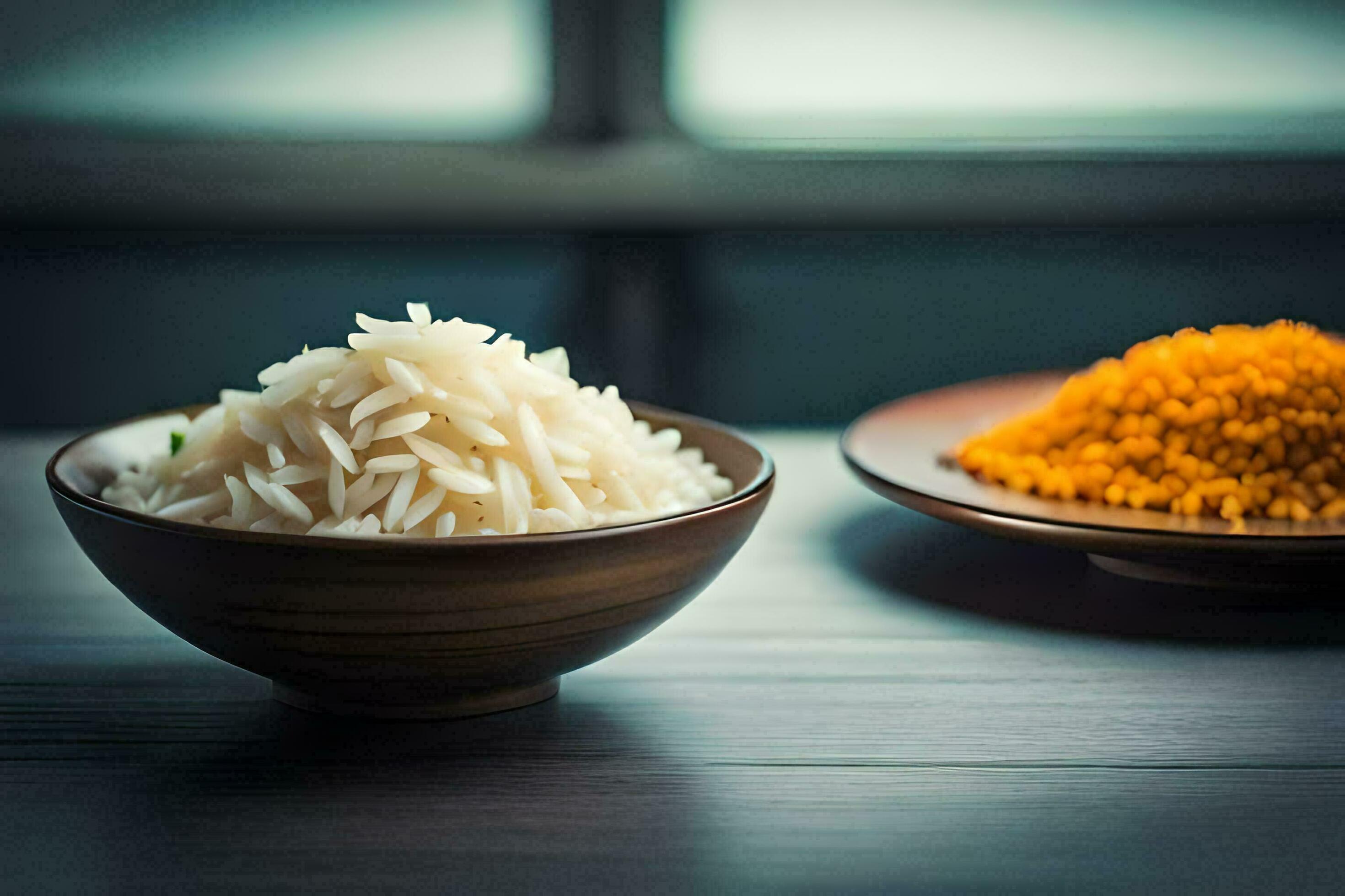 a bowl of rice and a bowl of yellow rice. AIGenerated 30074579 Stock