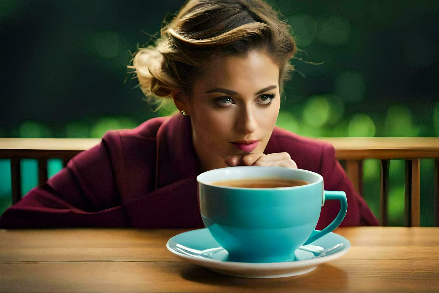 un mujer sentado a un mesa con un taza de té. generado por ai foto