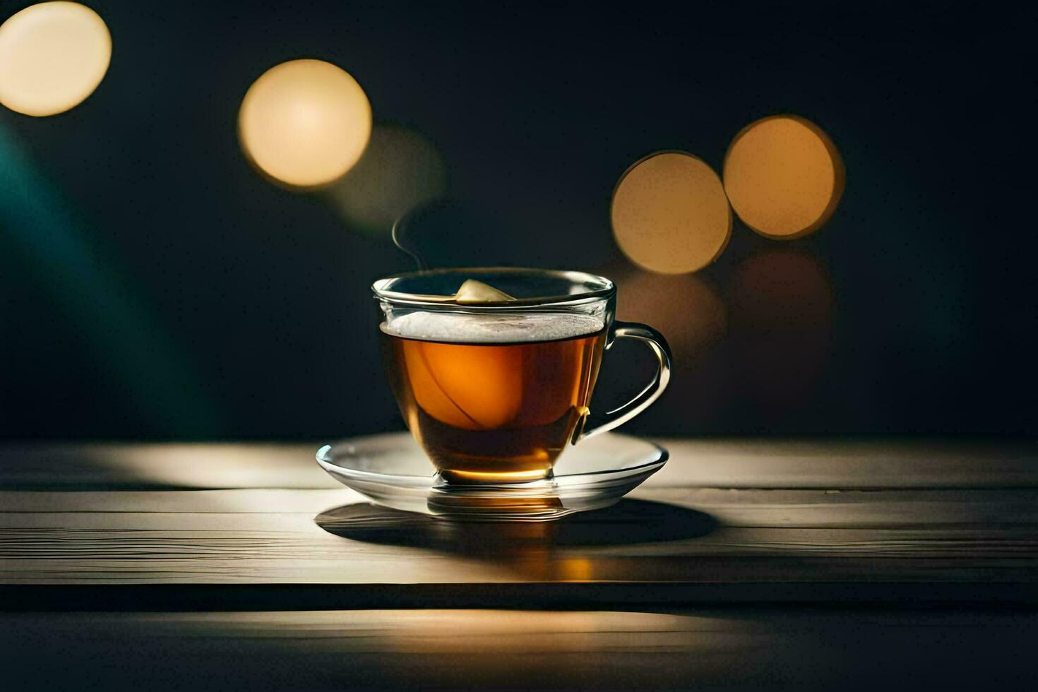 un taza de té en un de madera mesa con bokeh luces. generado por ai foto