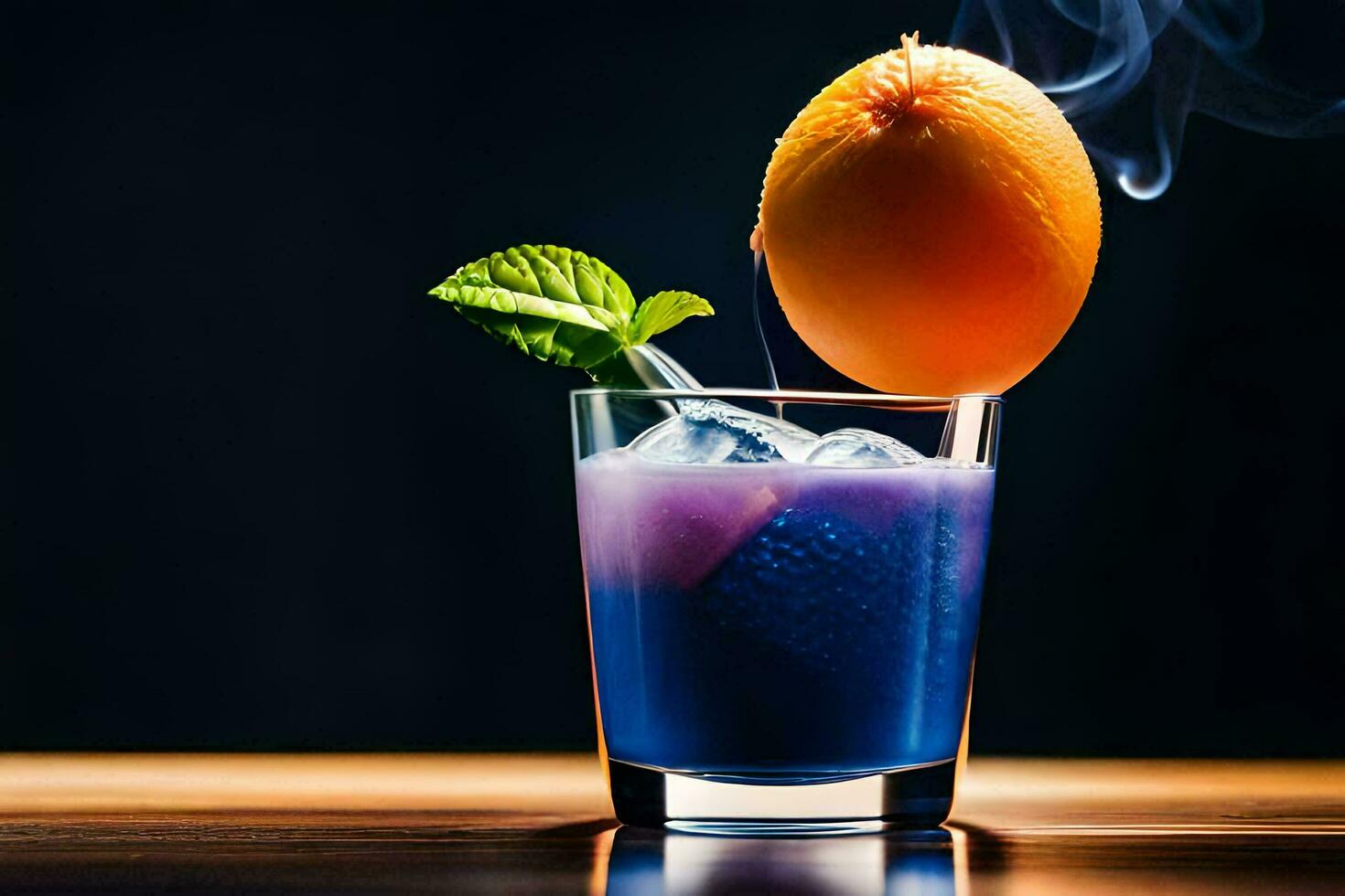 a blue drink with an orange and mint. AI-Generated photo