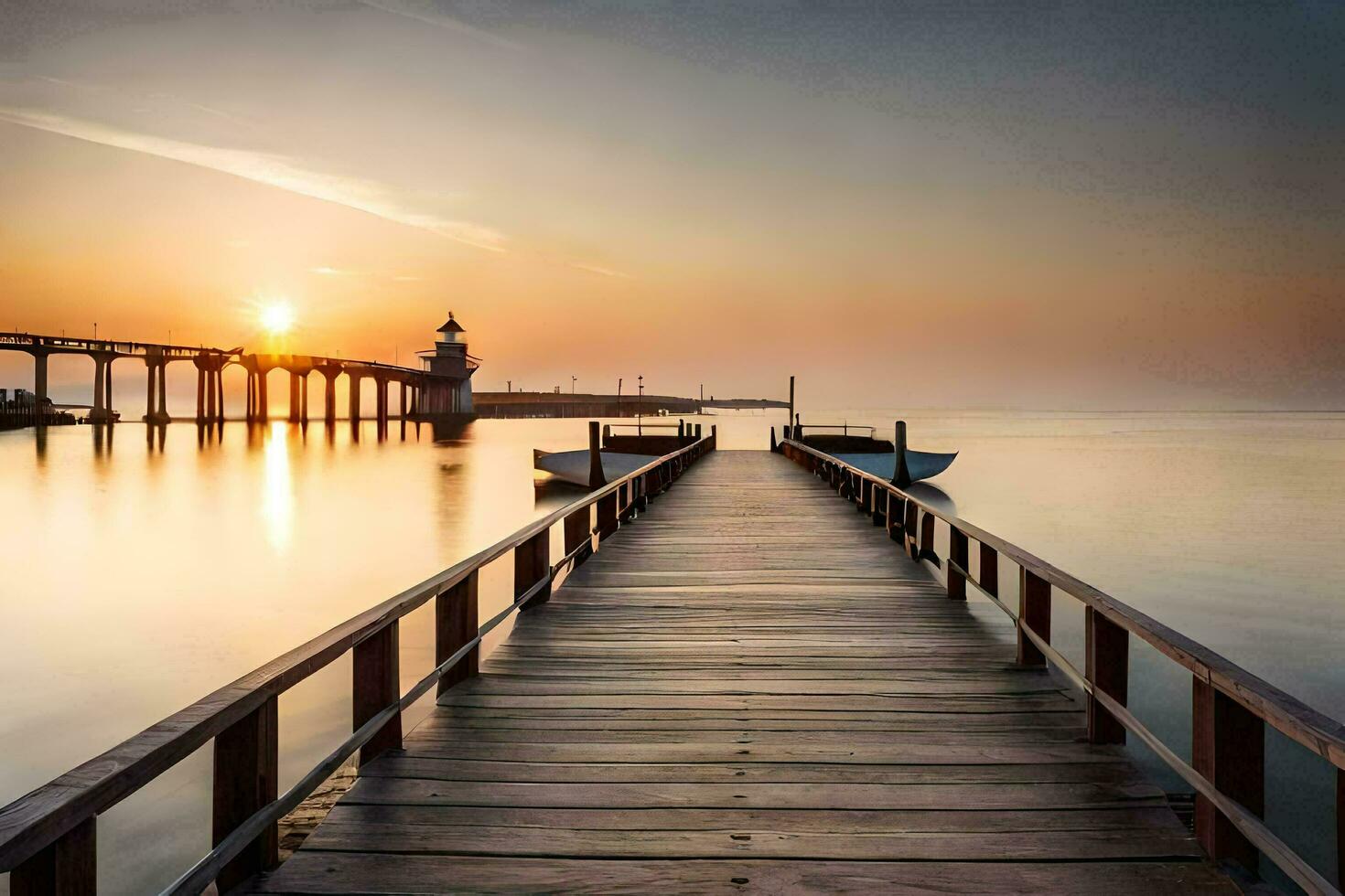 a pier with a boat at sunset. AI-Generated photo