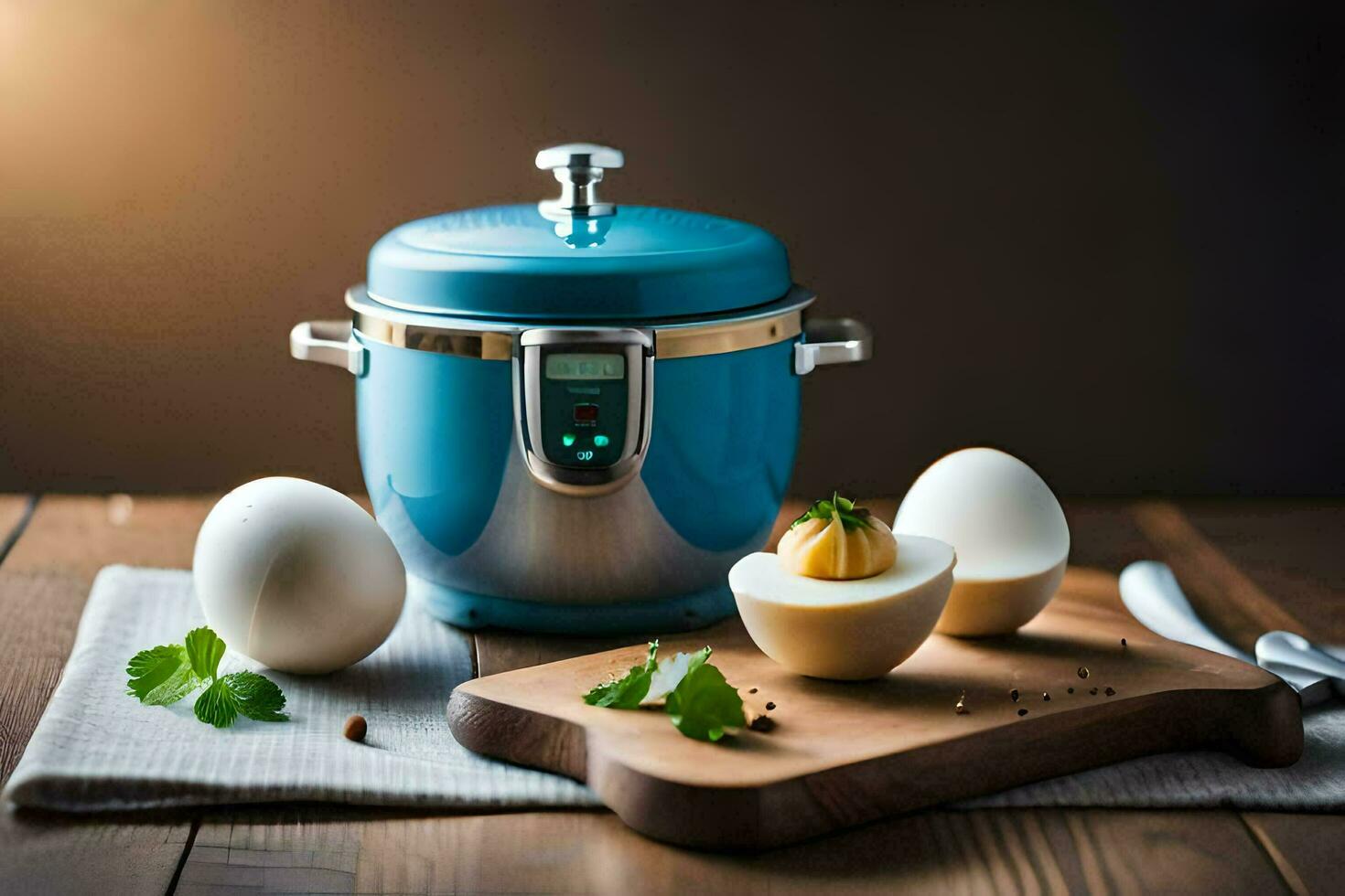 an electric pressure cooker with eggs and an egg timer. AI-Generated photo