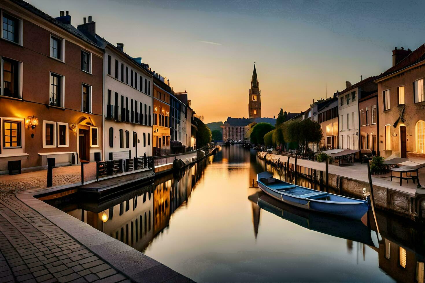 a canal in a city at sunset with boats. AI-Generated photo