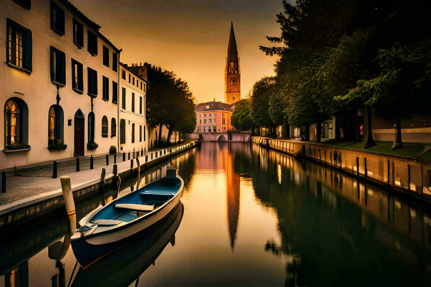 a boat is docked in a canal at sunset. AI-Generated photo