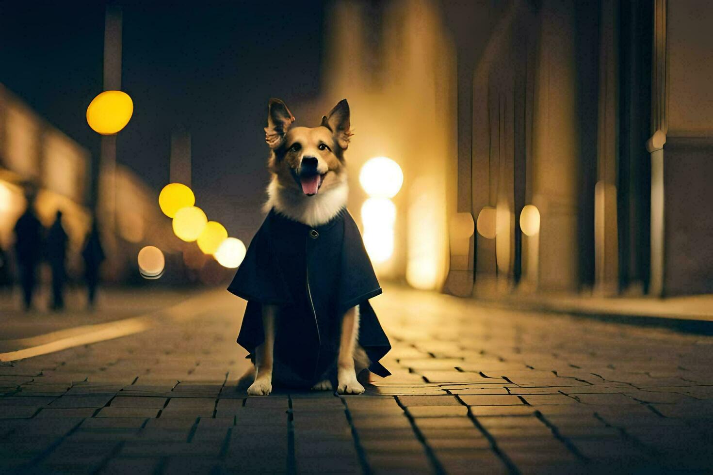 a dog wearing a coat sits on the street at night. AI-Generated photo