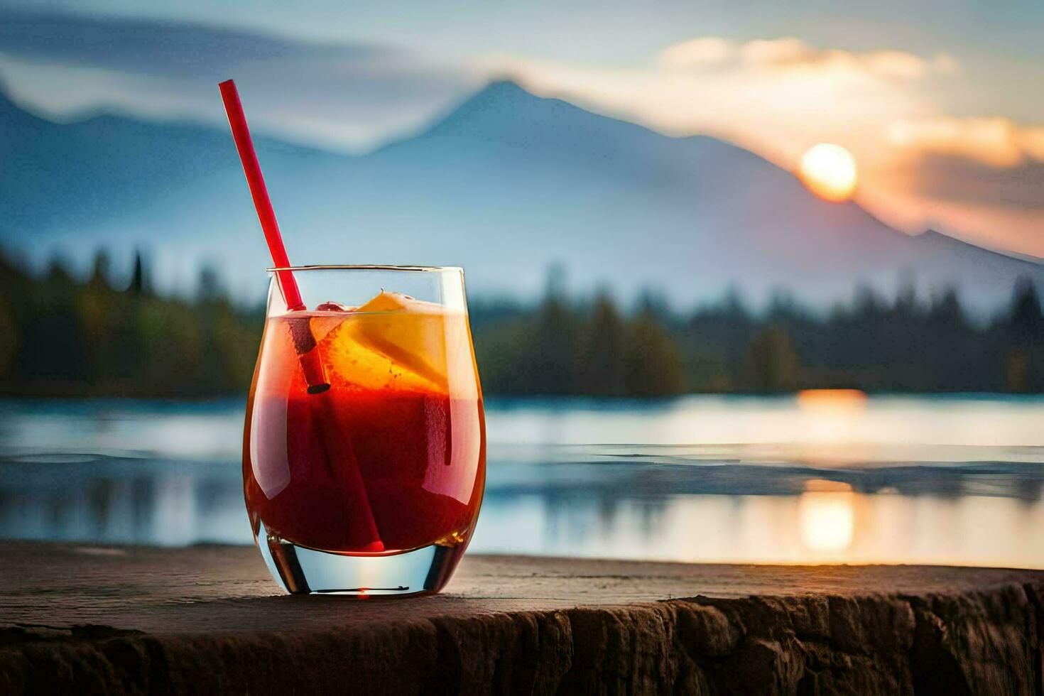 un vaso de rojo bebida con un rojo Paja sentado en un de madera mesa en frente de un lago. generado por ai foto