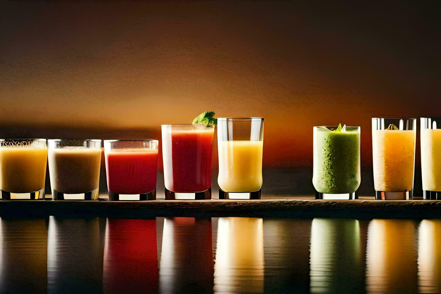 a row of different colored drinks on a table. AI-Generated photo