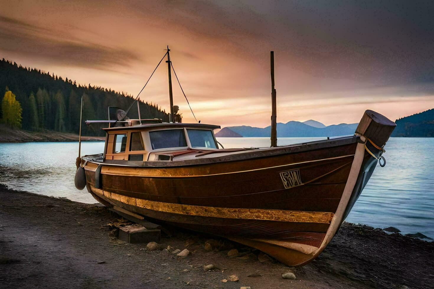 a boat sits on the shore of a lake at sunset. AI-Generated photo