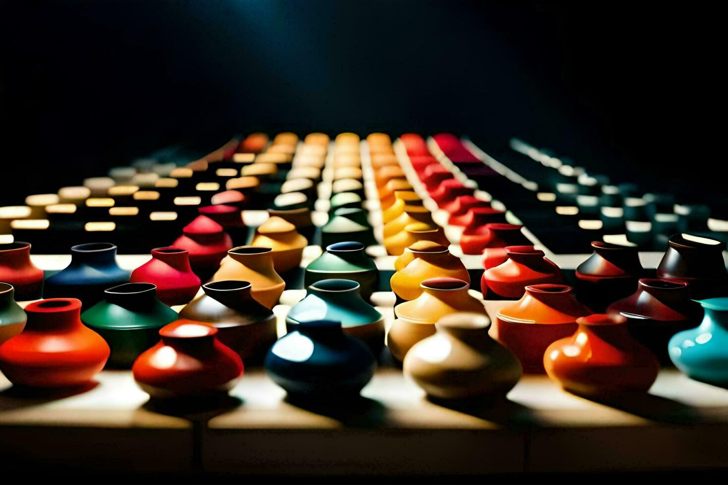 a row of colorful vases on a table. AI-Generated photo