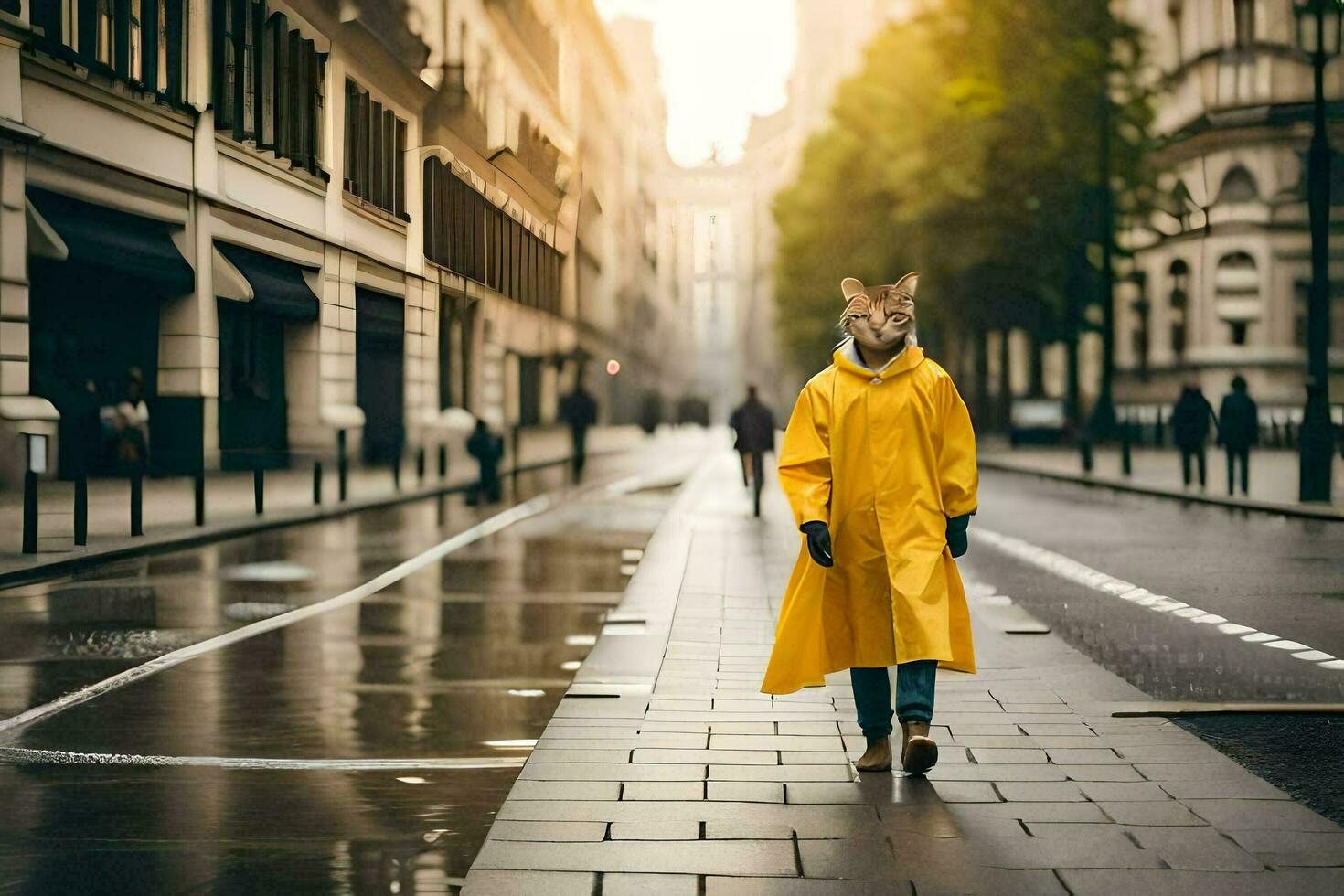 a fox in a yellow raincoat walking down a street. AI-Generated photo