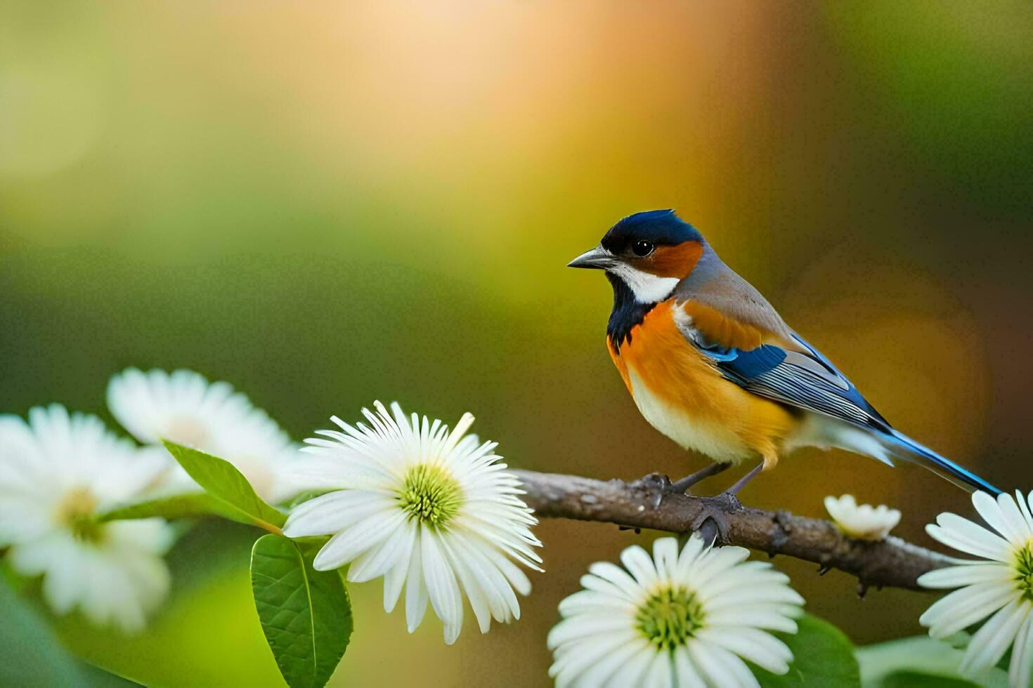 a bird sits on a branch with white flowers. AI-Generated photo
