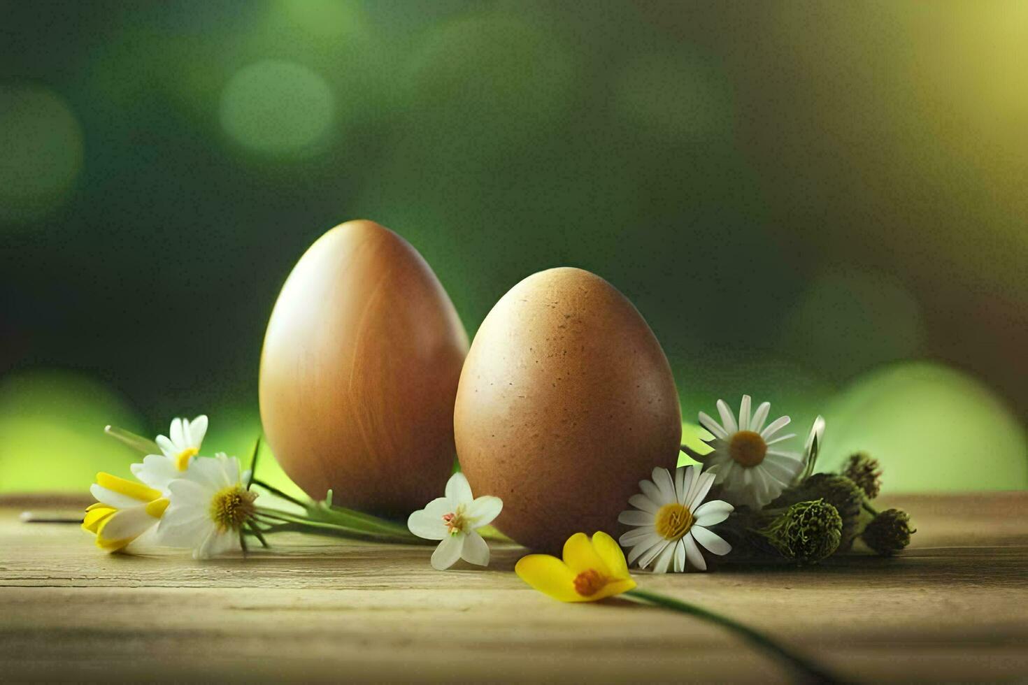 two brown eggs with daisies on a wooden table. AI-Generated photo