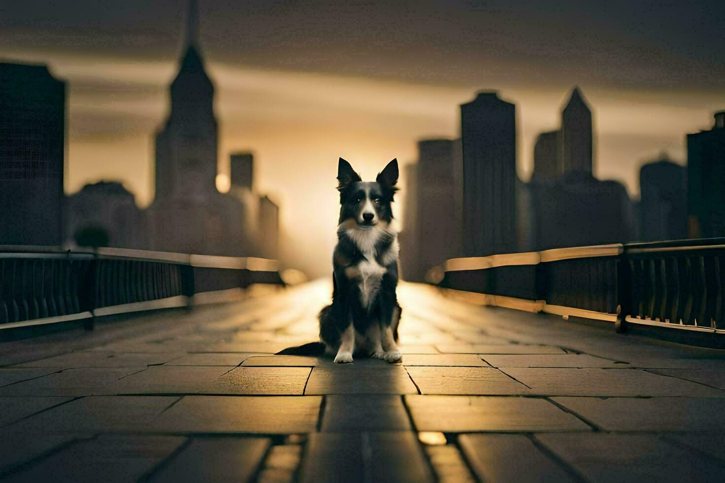 un perro sentado en un puente en frente de un ciudad horizonte. generado por ai foto