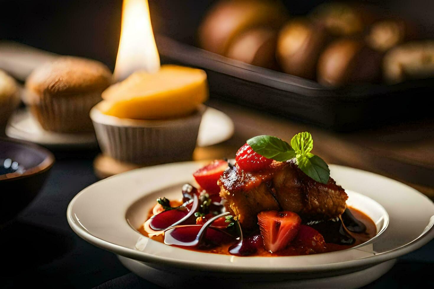 a plate of food with strawberries and meat on it. AI-Generated photo