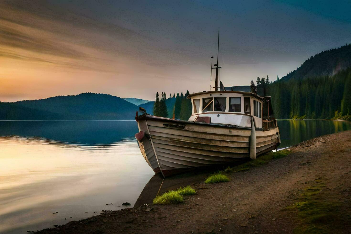 a boat sits on the shore of a lake at sunset. AI-Generated photo