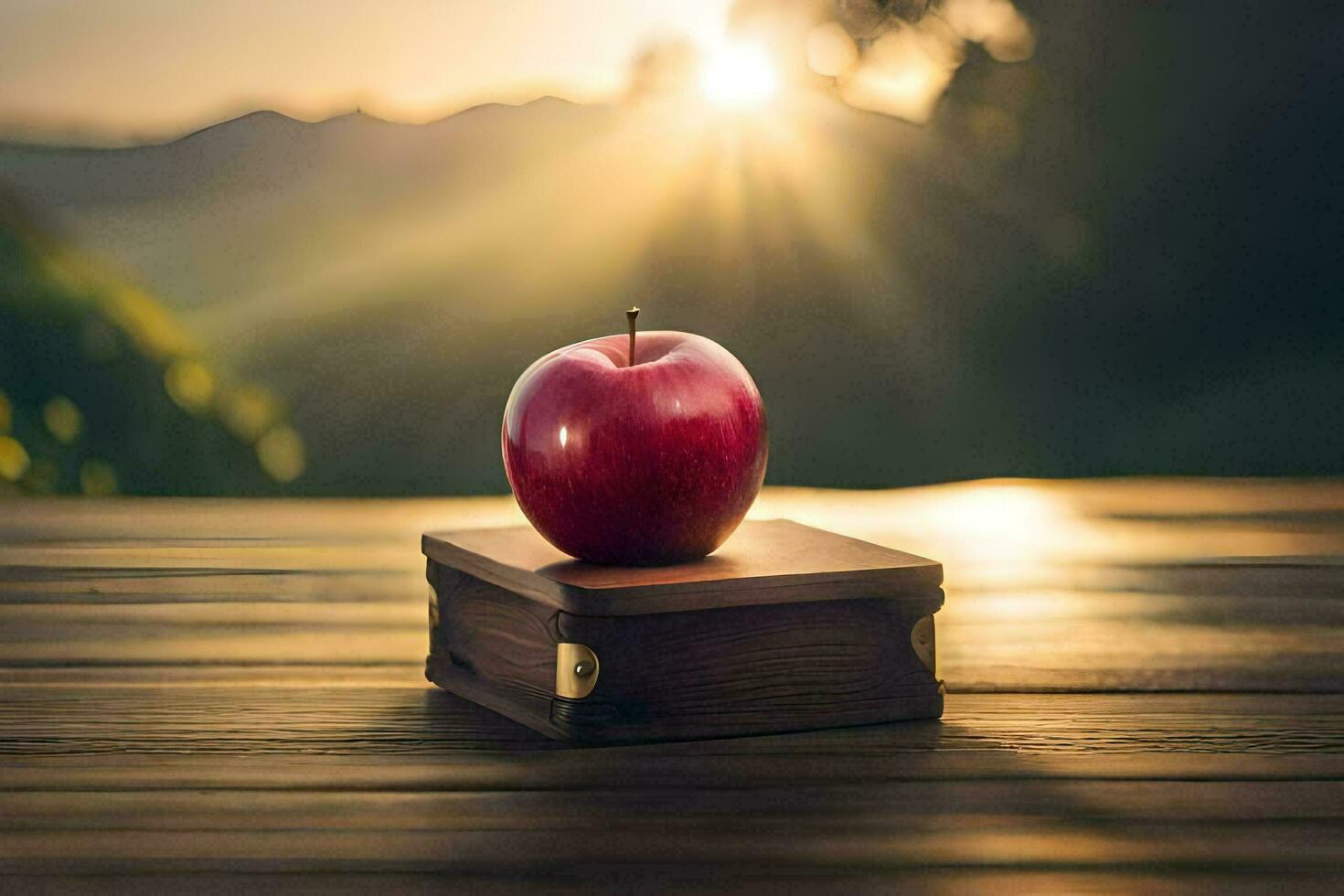 an apple sits on top of a wooden box with the sun shining behind it. AI-Generated photo