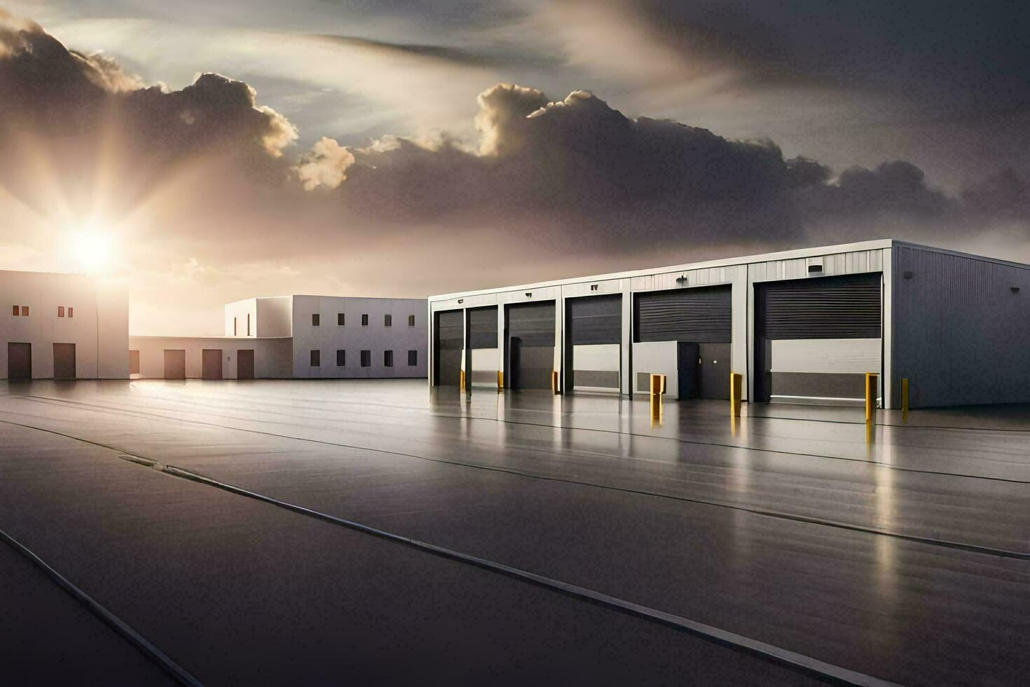 a large warehouse with a sun shining through the clouds. AI-Generated photo