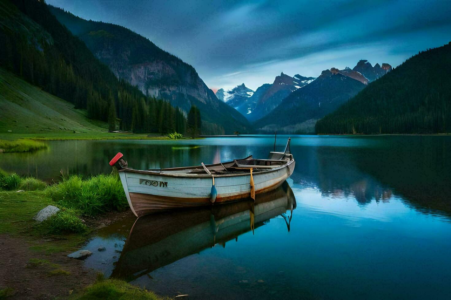 a boat sits on the shore of a lake. AI-Generated photo