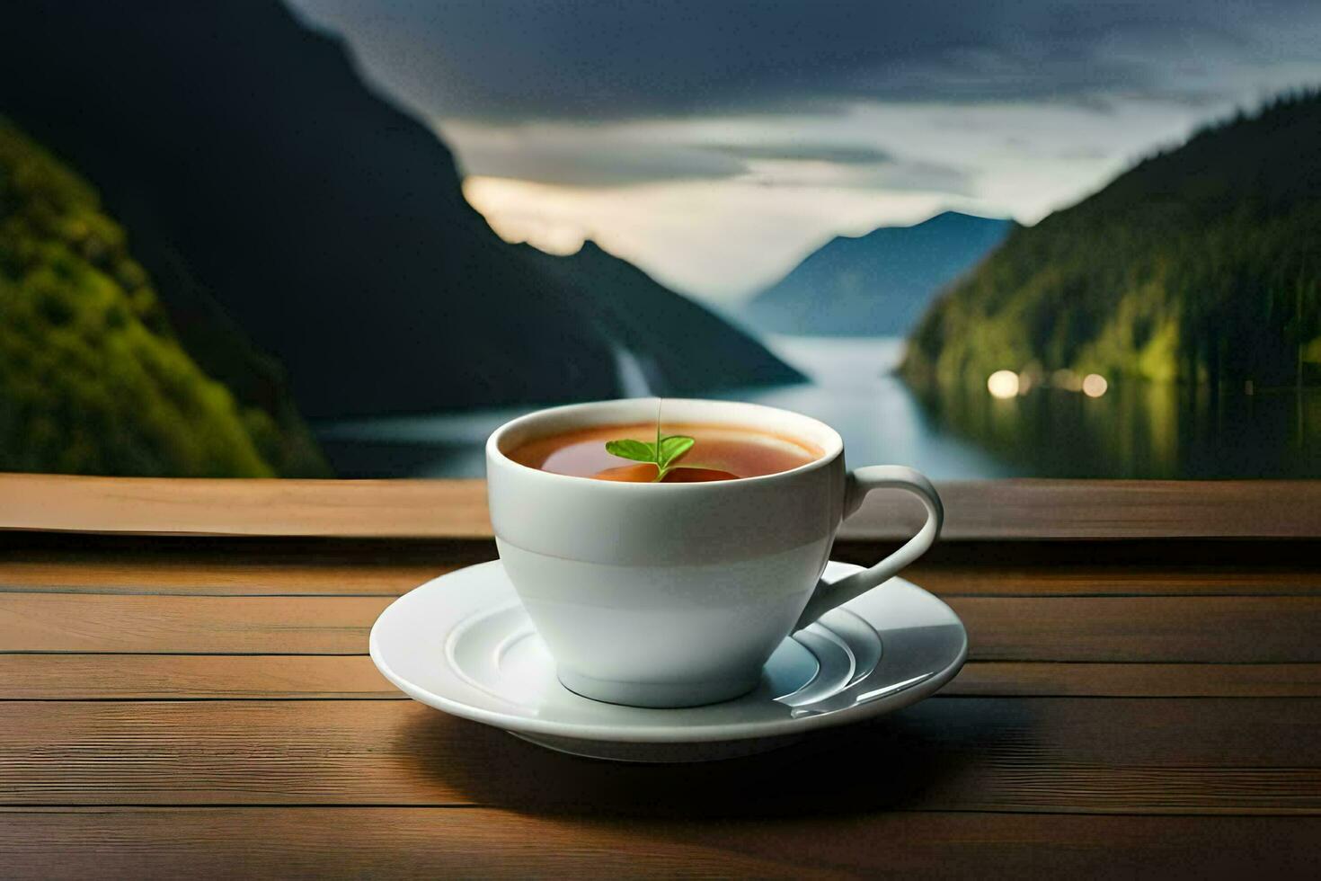 a cup of tea on a wooden table in front of a lake. AI-Generated photo
