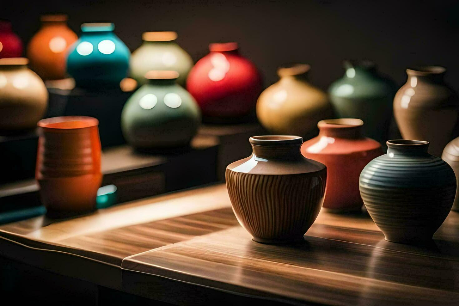 a row of colorful vases on a table. AI-Generated photo