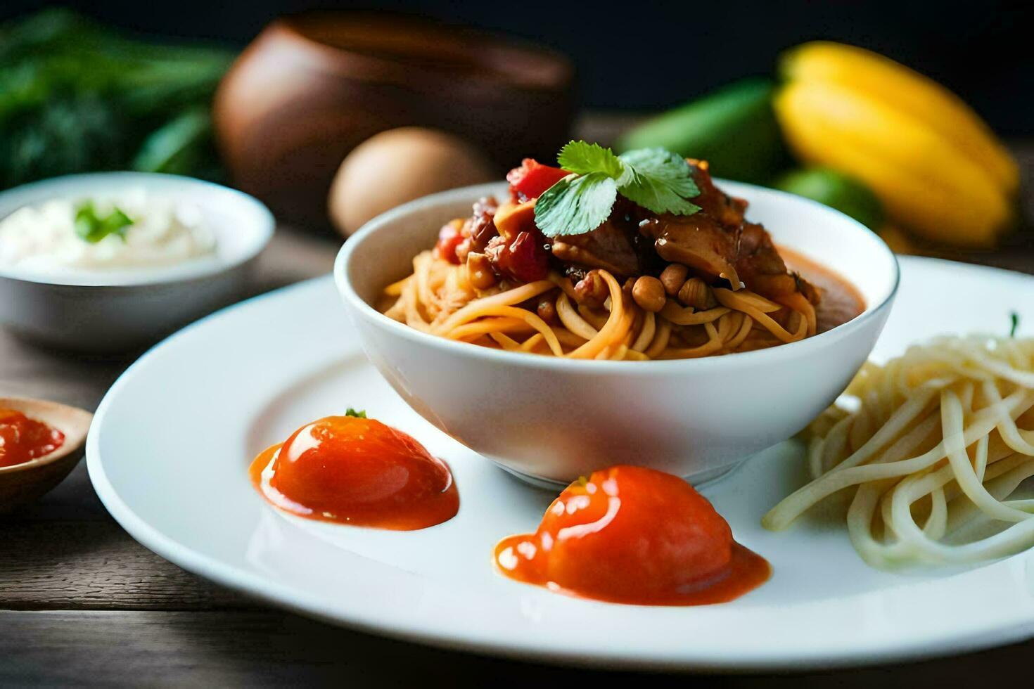 spaghetti with tomato sauce and vegetables on a plate. AI-Generated photo