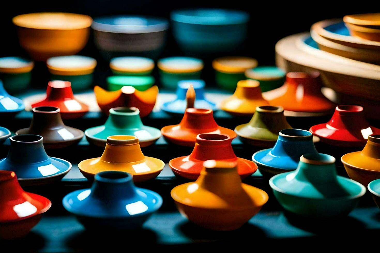 colorful pottery on display at a market. AI-Generated photo
