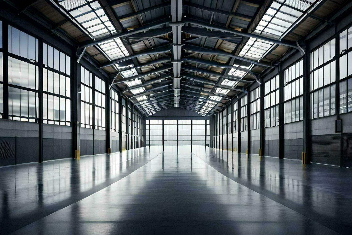 an empty warehouse with large windows and lots of glass. AI-Generated photo