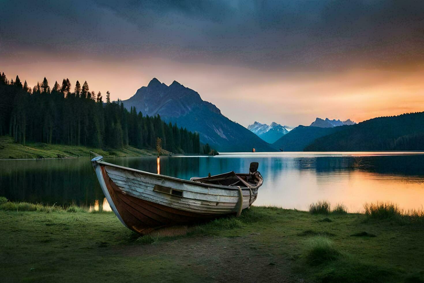 a boat sits on the shore of a lake at sunset. AI-Generated photo