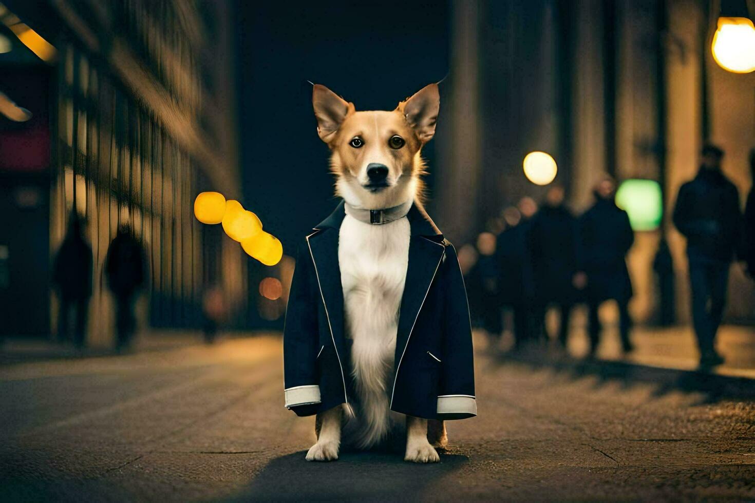 un perro vistiendo un traje y Corbata sentado en el calle. generado por ai foto