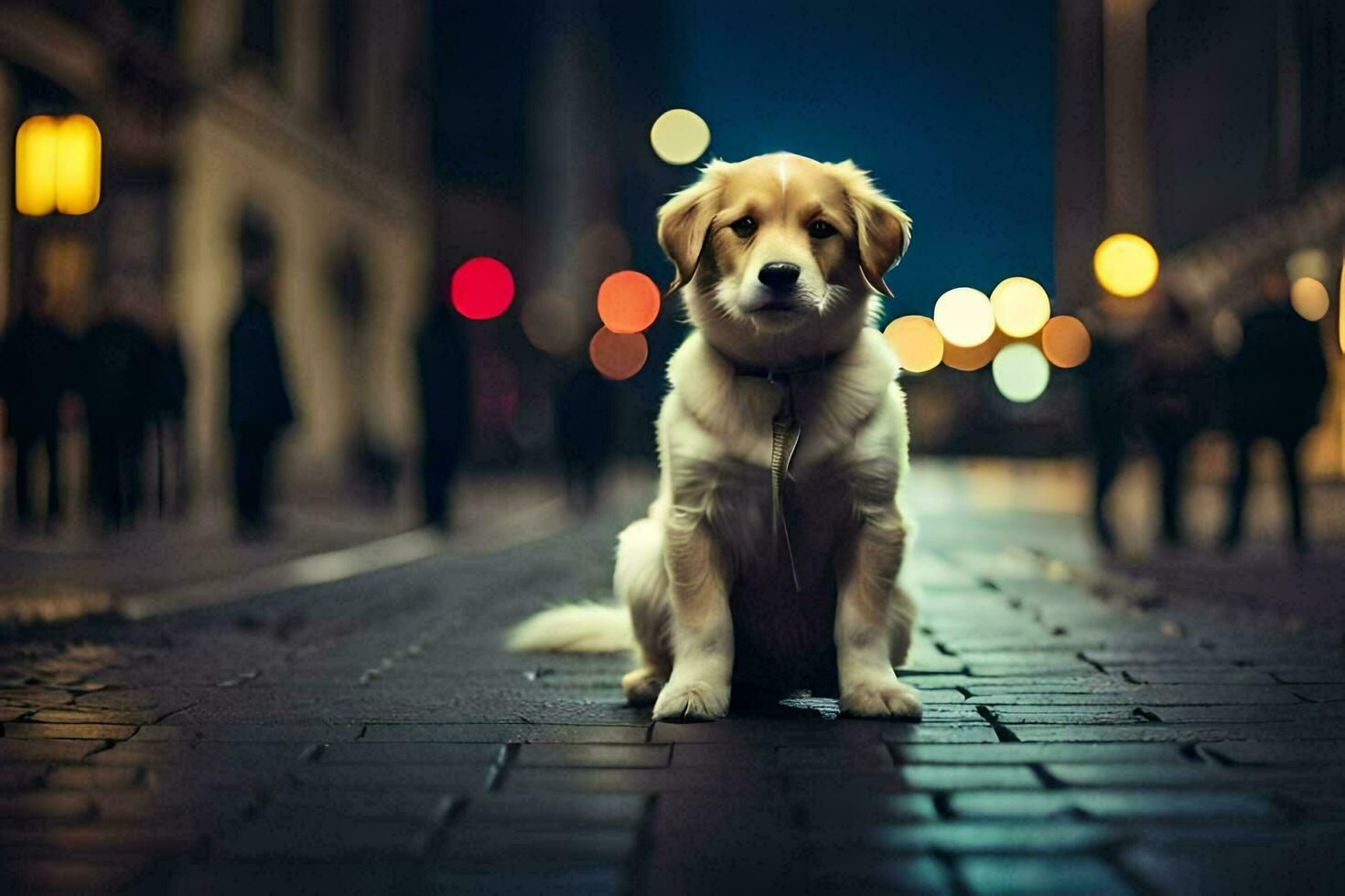 un perro sentado en el calle a noche. generado por ai foto