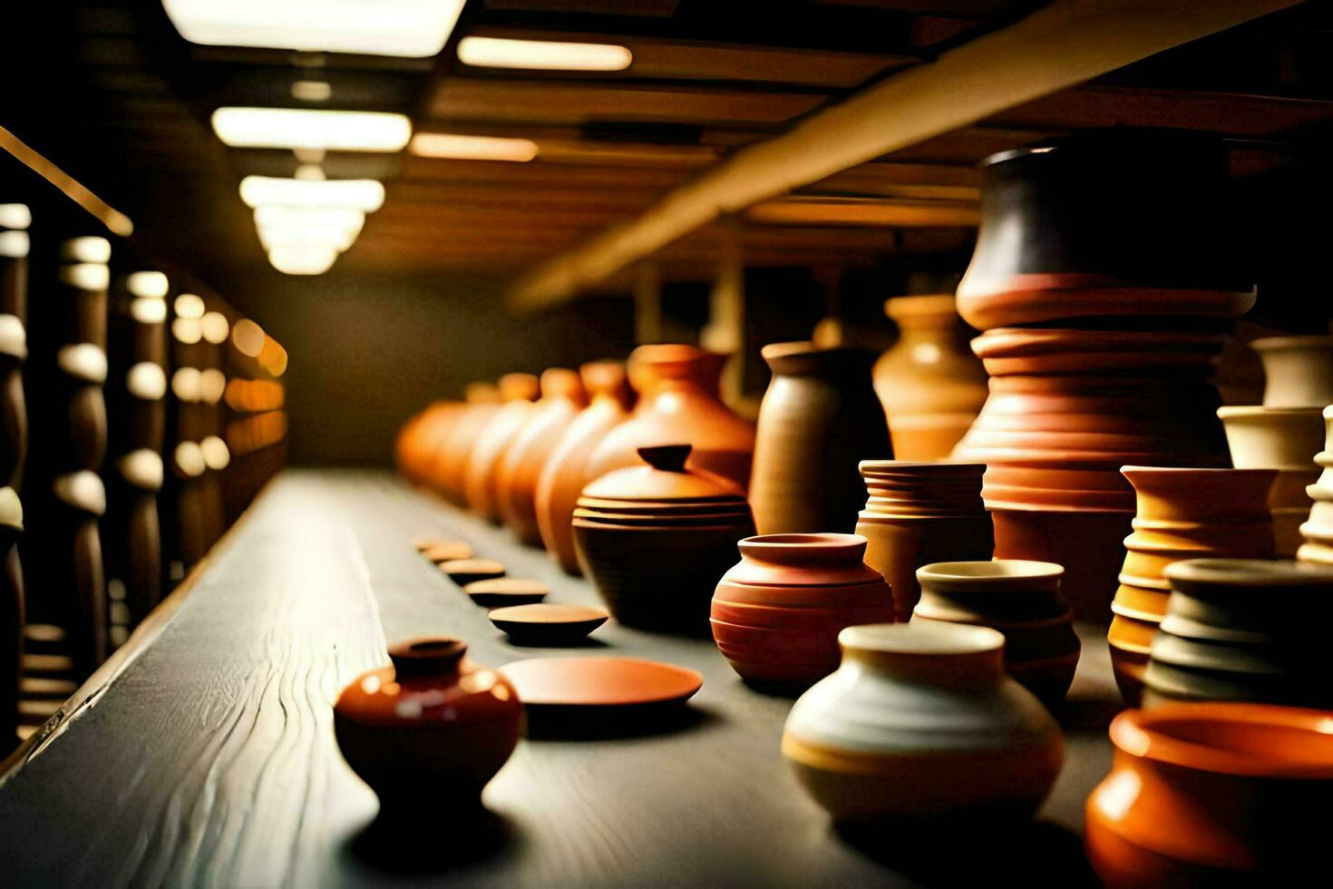 a row of vases on a shelf in a room. AI-Generated photo