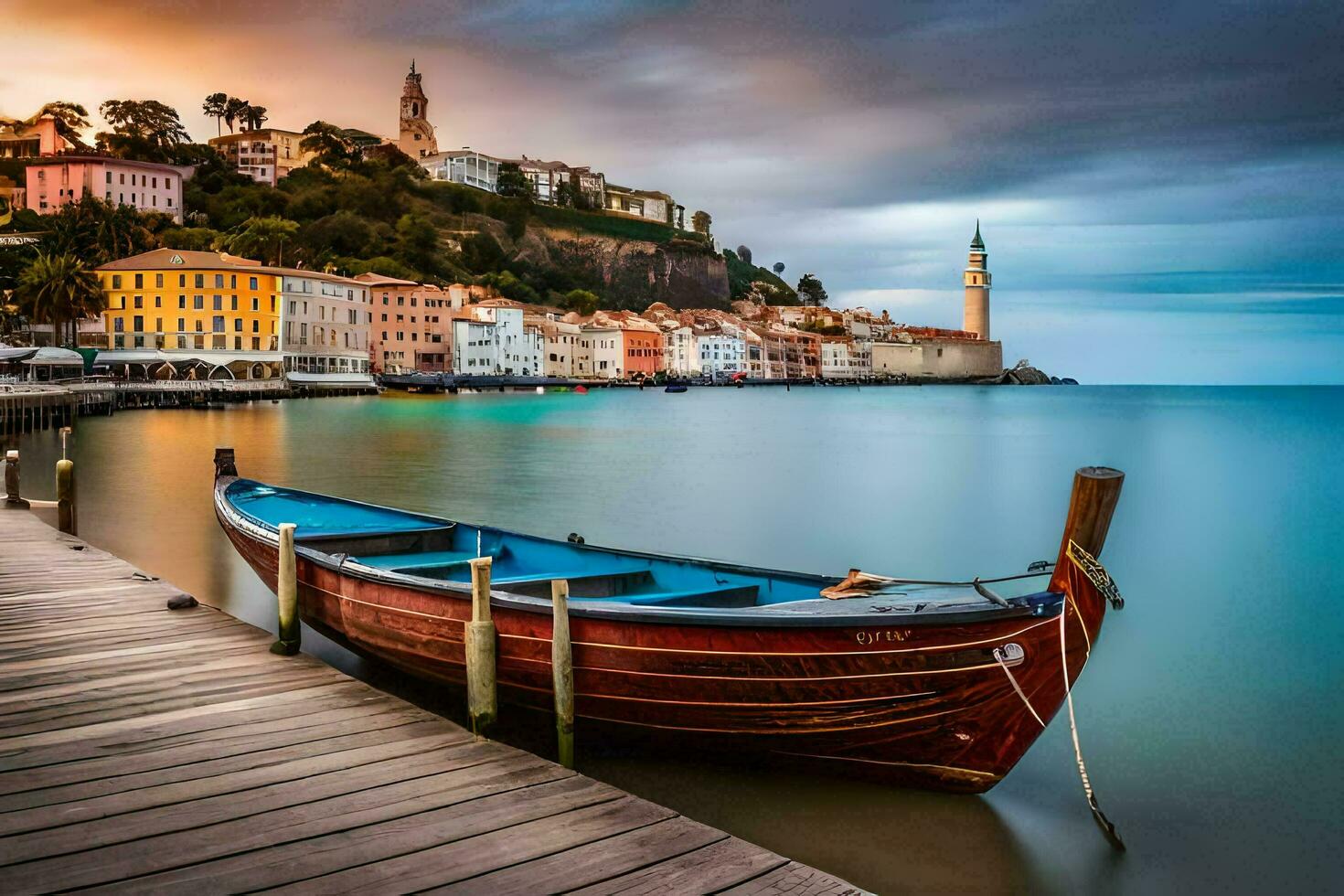 a boat sits on the dock in front of a town. AI-Generated photo