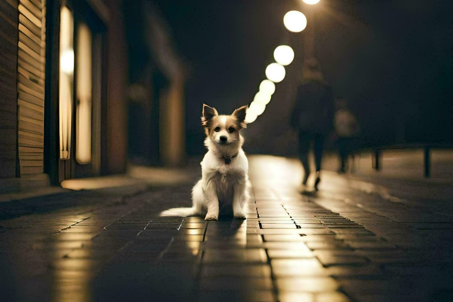 a dog sitting on the sidewalk at night. AI-Generated photo