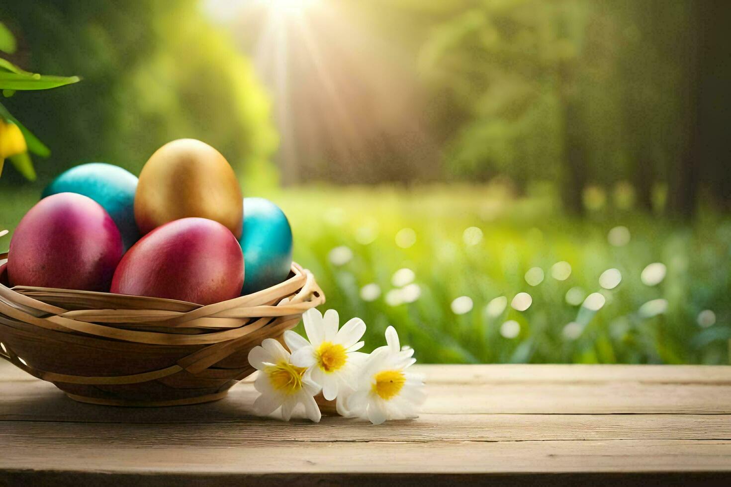 easter eggs in a basket on a sunny day. AI-Generated photo