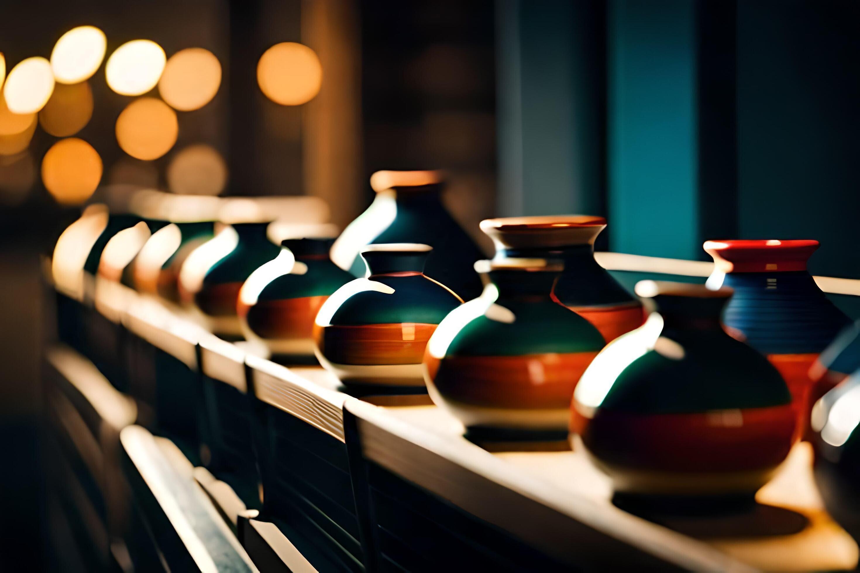 a row of colorful vases on a shelf. AIGenerated 30076144 Stock Photo