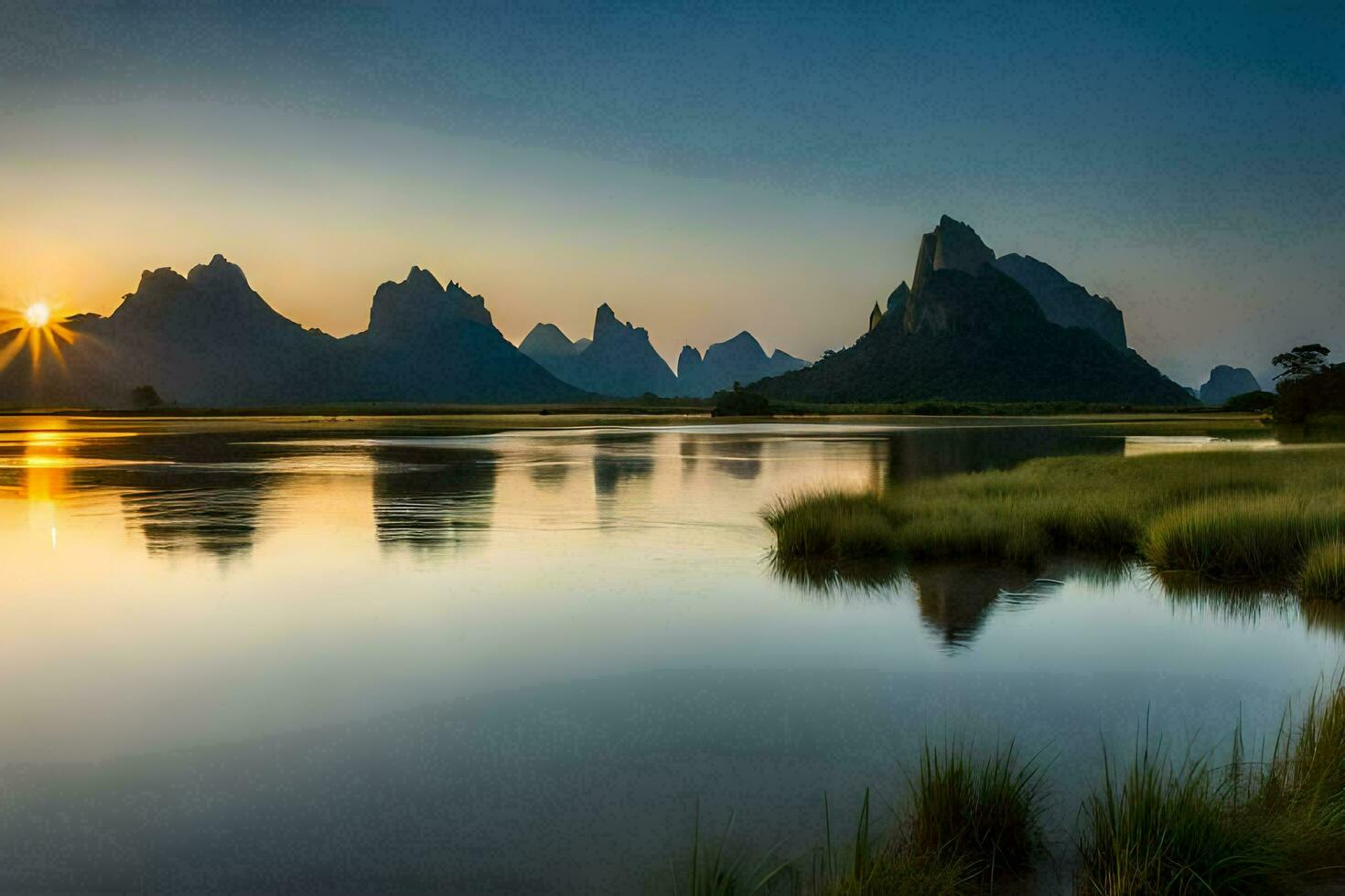 the sun rises over mountains and water in china. AI-Generated photo